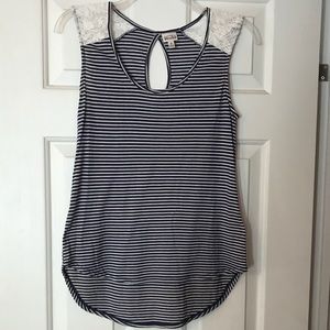 Mudd Navy and white striped tank with lace details